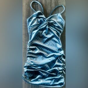 IRIS Frosted Deep Blue Velvet Ruched Mini Dress Diamond Shimmer Lace-Up Y2K